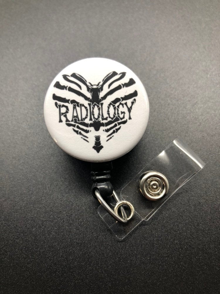 Radiology Heart Badge Holder, Retractable ID Badge Reel, Bones