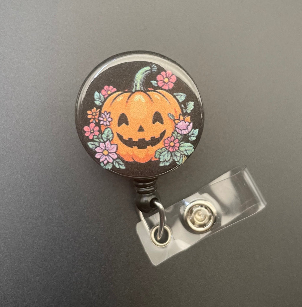 Pumpkin with Flowers Retractable ID Badge Holder, Floral, Halloween, Fall, Spooky Season