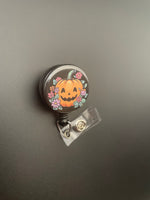 Pumpkin with Flowers Retractable ID Badge Holder, Floral, Halloween, Fall, Spooky Season