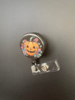 Pumpkin with Flowers Retractable ID Badge Holder, Floral, Halloween, Fall, Spooky Season