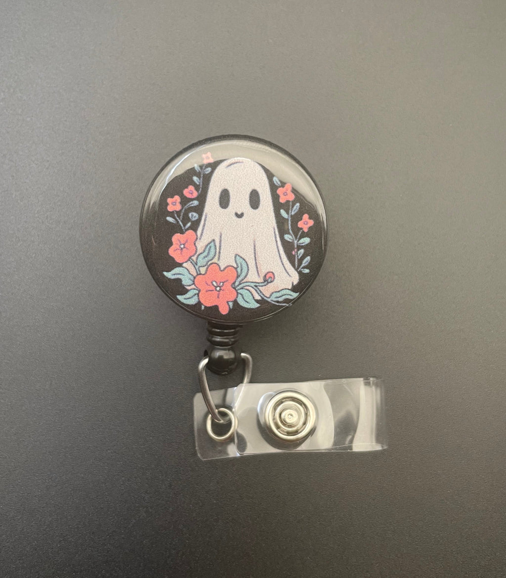 Pretty Ghost Retractable ID Badge Holder, Floral, Halloween, Fall, Spooky Season
