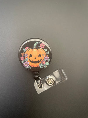 Pumpkin with Flowers Retractable ID Badge Holder, Floral, Halloween, Fall, Spooky Season