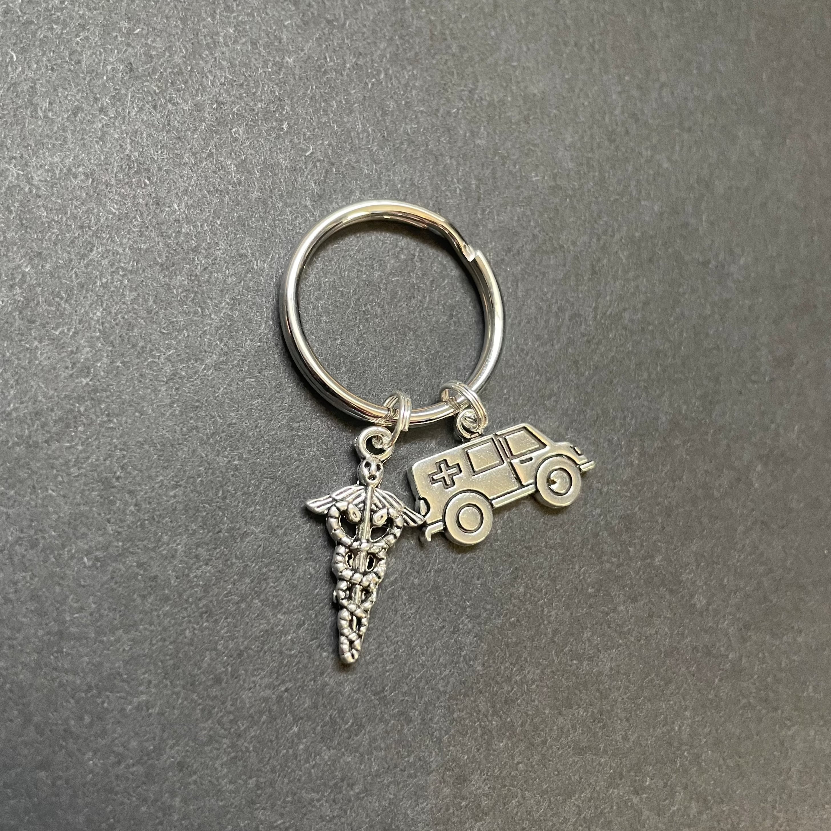 Ambulance & Caduceus Charm Key Chain, Paramedic, Medical, Gift