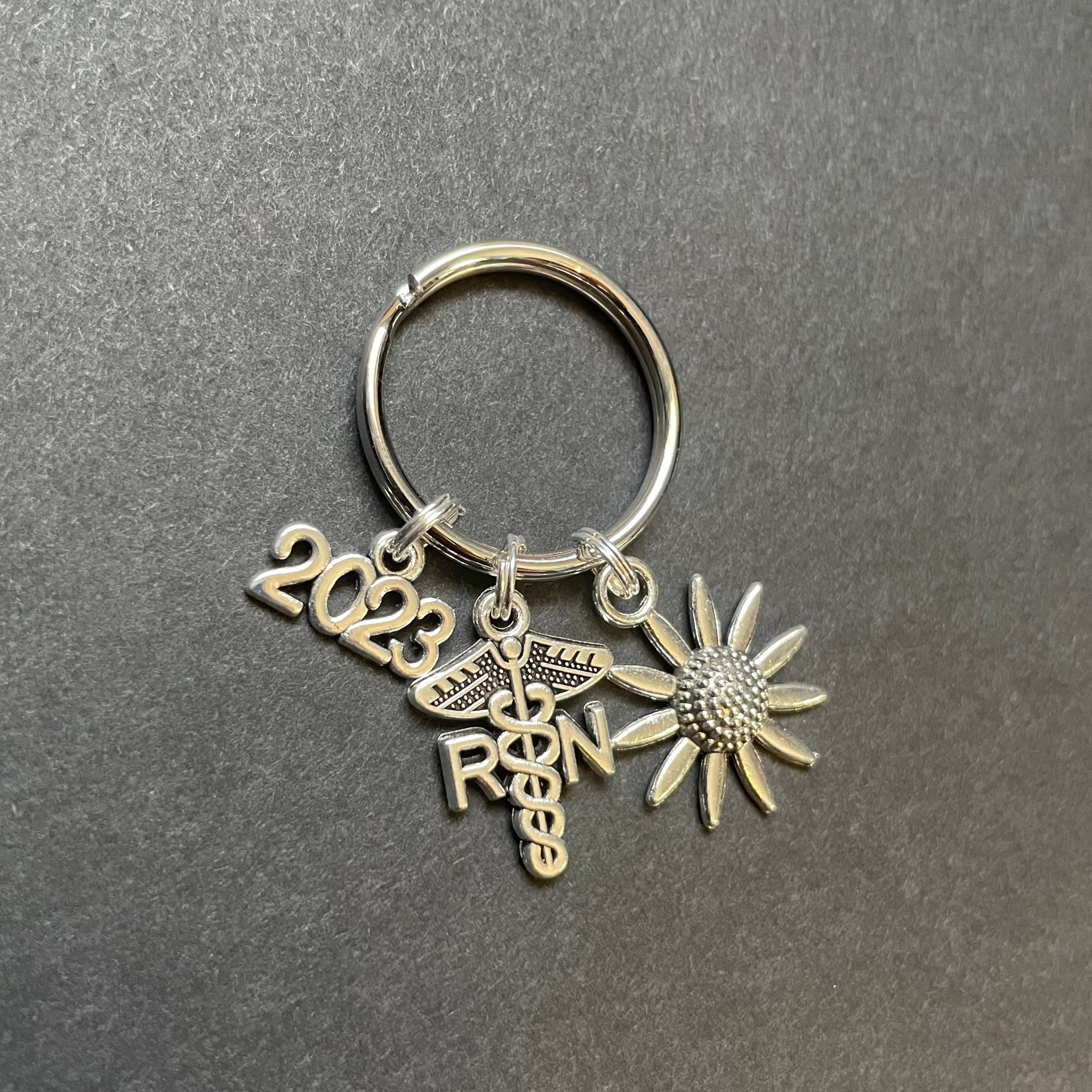 RN Caduceus Key Chain W/ Year & Sunflower Charm, RN, Floral, Nursing, Gift