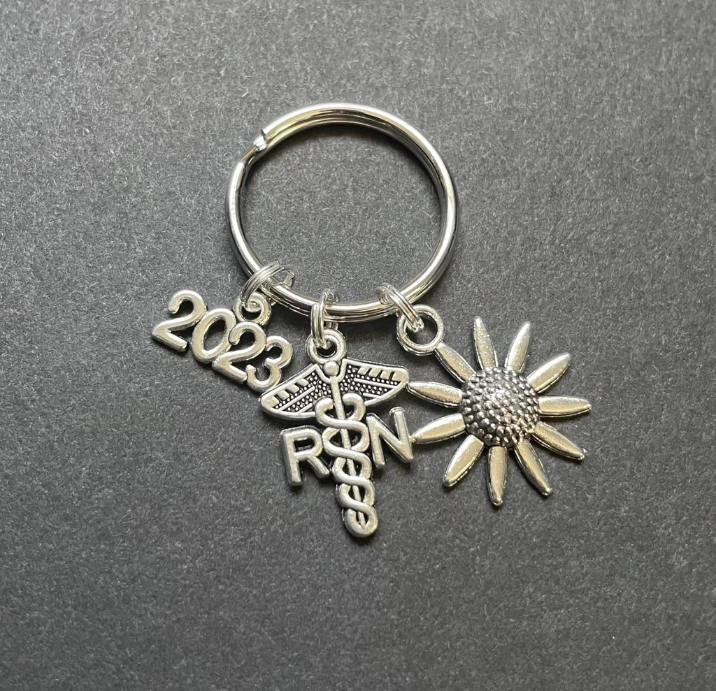 RN Caduceus Key Chain W/ Year & Sunflower Charm, RN, Floral, Nursing, Gift