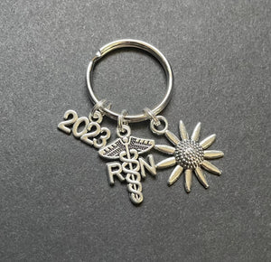 RN Caduceus Key Chain W/ Year & Sunflower Charm, RN, Floral, Nursing, Gift