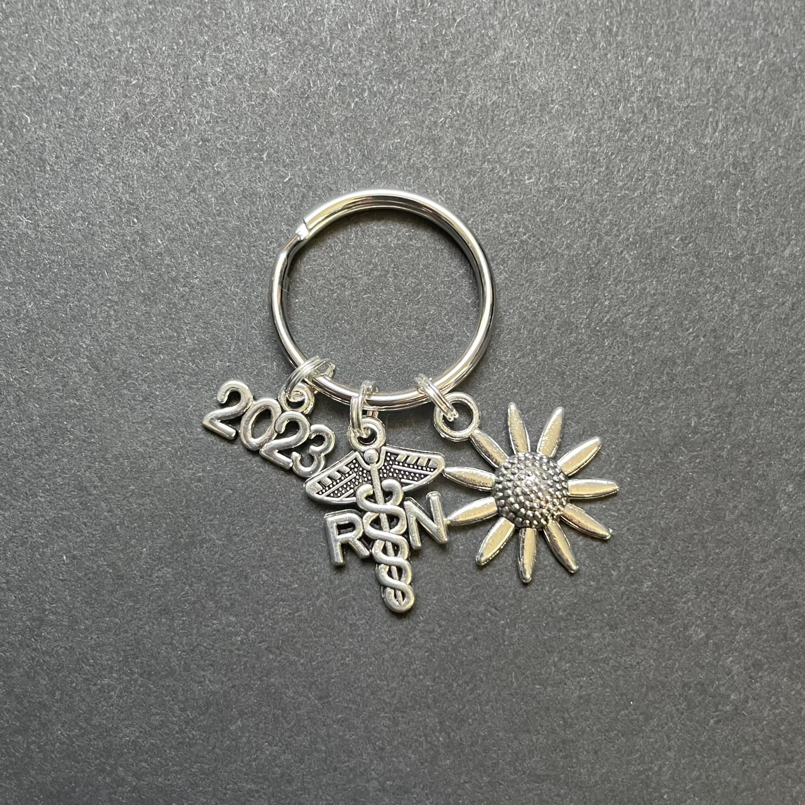 RN Caduceus Key Chain W/ Year & Sunflower Charm, RN, Floral, Nursing, Gift