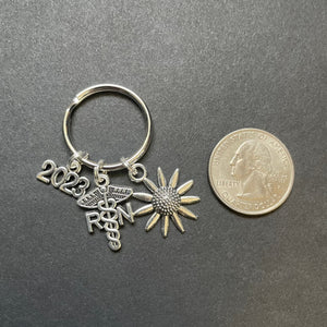 RN Caduceus Key Chain W/ Year & Sunflower Charm, RN, Floral, Nursing, Gift