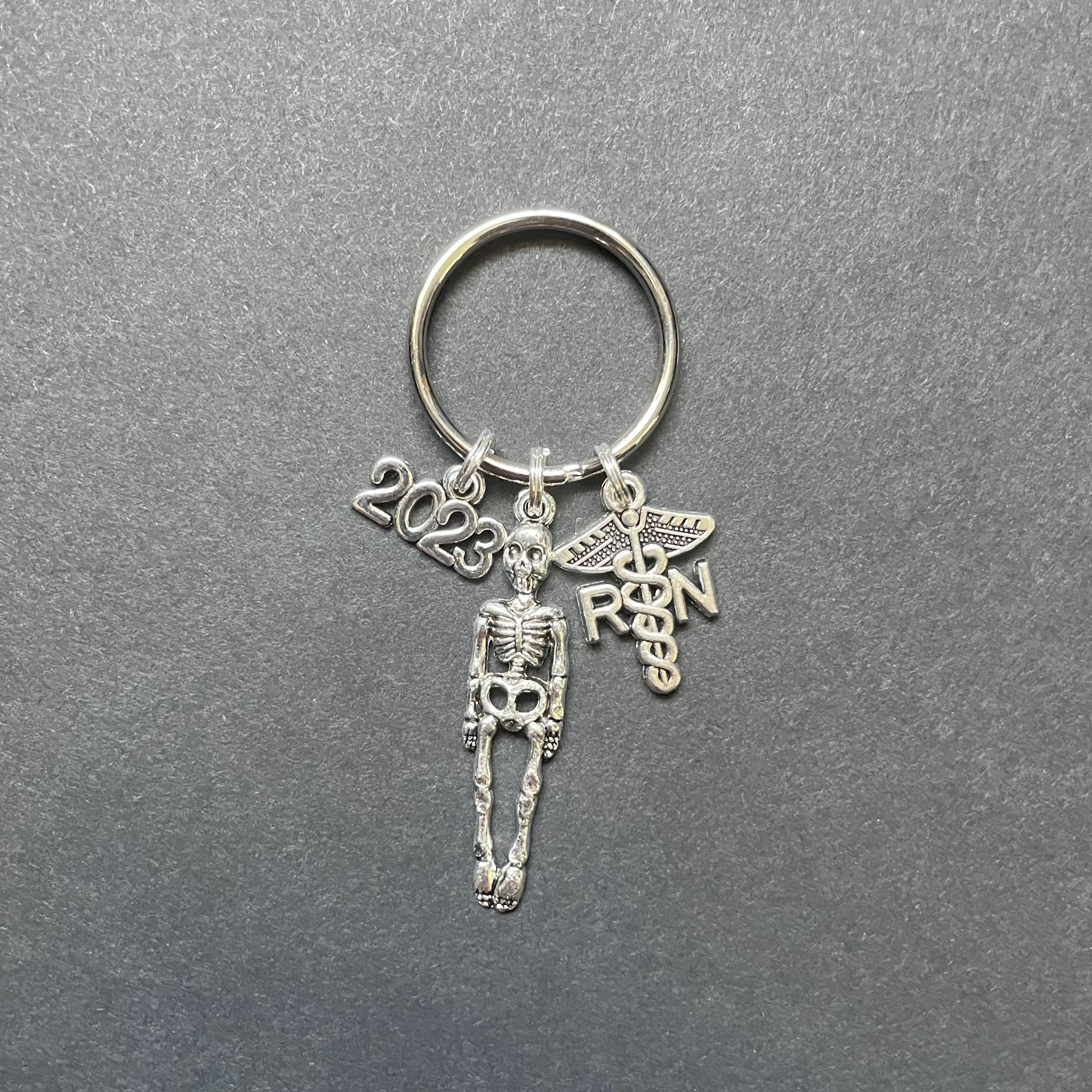 RN Caduceus Key Chain with Skeleton and "2023" Year Charm, RN, Nursing, Gift