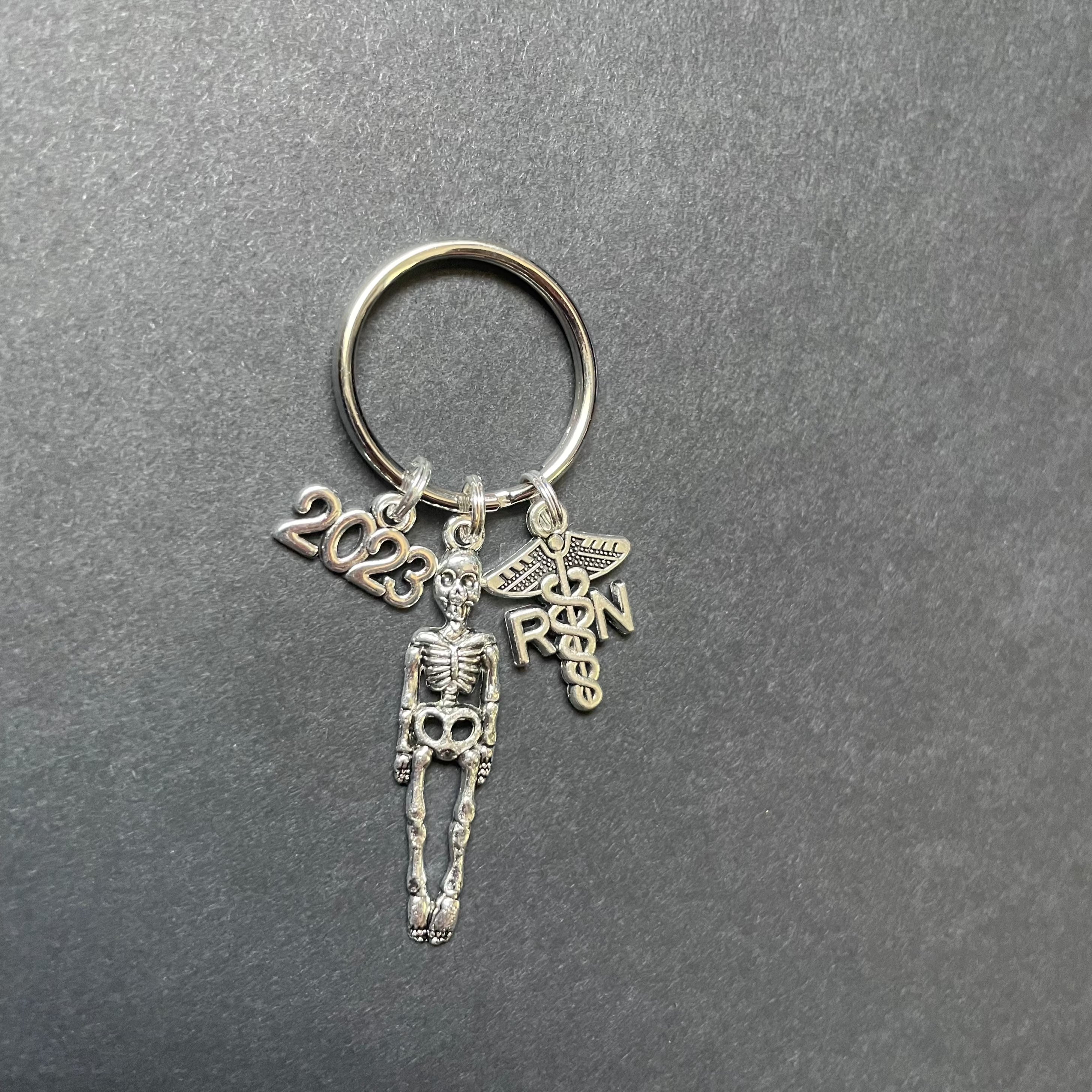 RN Caduceus Key Chain with Skeleton and "2023" Year Charm, RN, Nursing, Gift