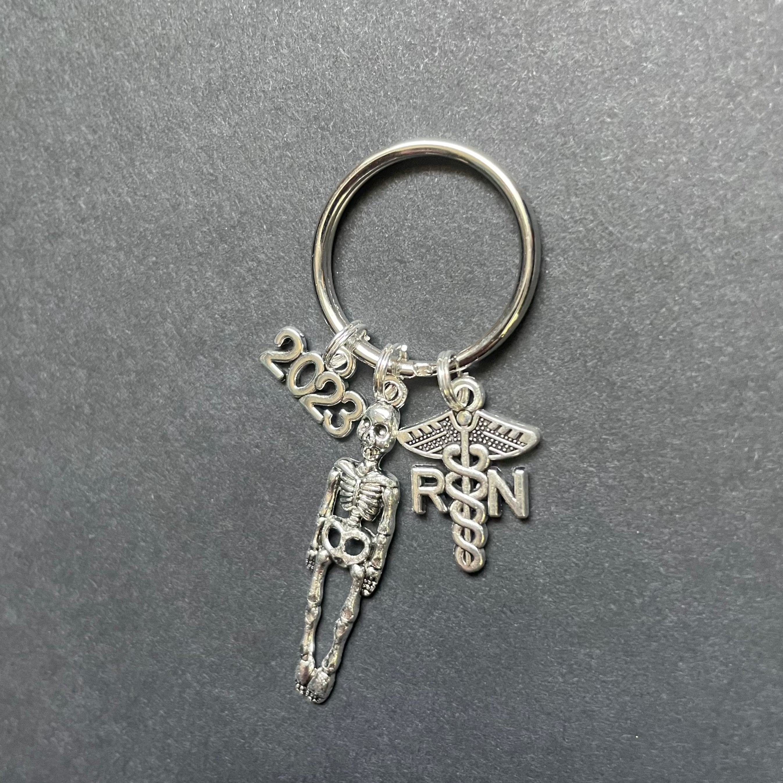 RN Caduceus Key Chain with Skeleton and "2023" Year Charm, RN, Nursing, Gift