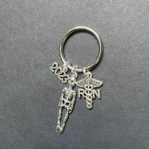 RN Caduceus Key Chain with Skeleton and "2023" Year Charm, RN, Nursing, Gift