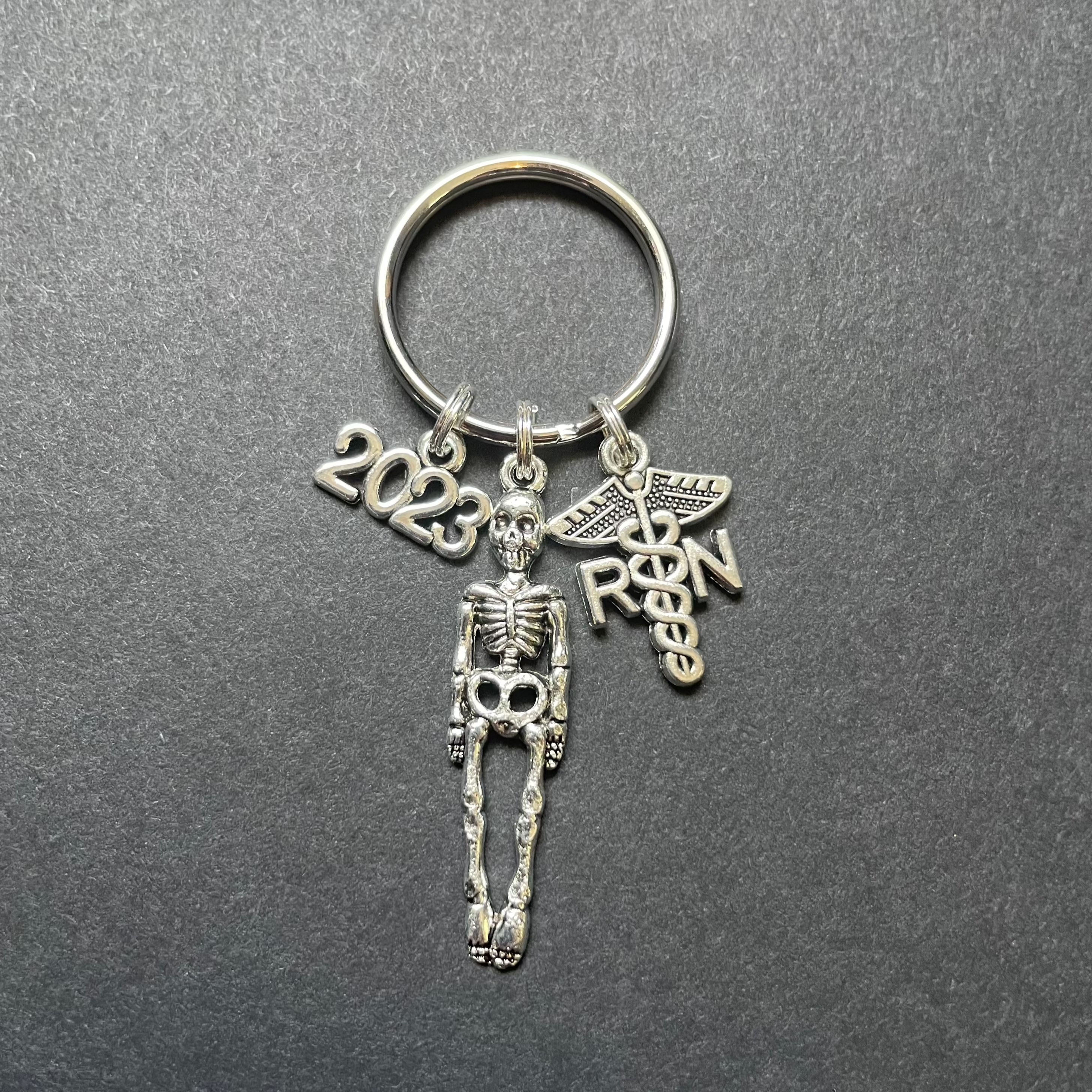 RN Caduceus Key Chain with Skeleton and "2023" Year Charm, RN, Nursing, Gift