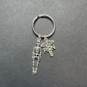 RN Skeleton Key Chain W/Caduceus Charm, RN, Nursing, Gift
