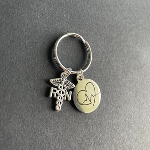 RN Caduceus Key Chain W/Heart Rhythm Pendant, RN, Graduate, Nursing, Gift