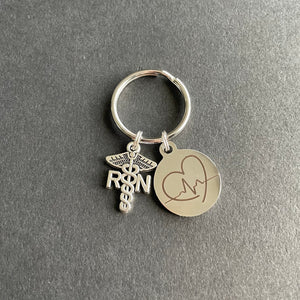 RN Caduceus Key Chain W/Heart Rhythm Pendant, RN, Graduate, Nursing, Gift