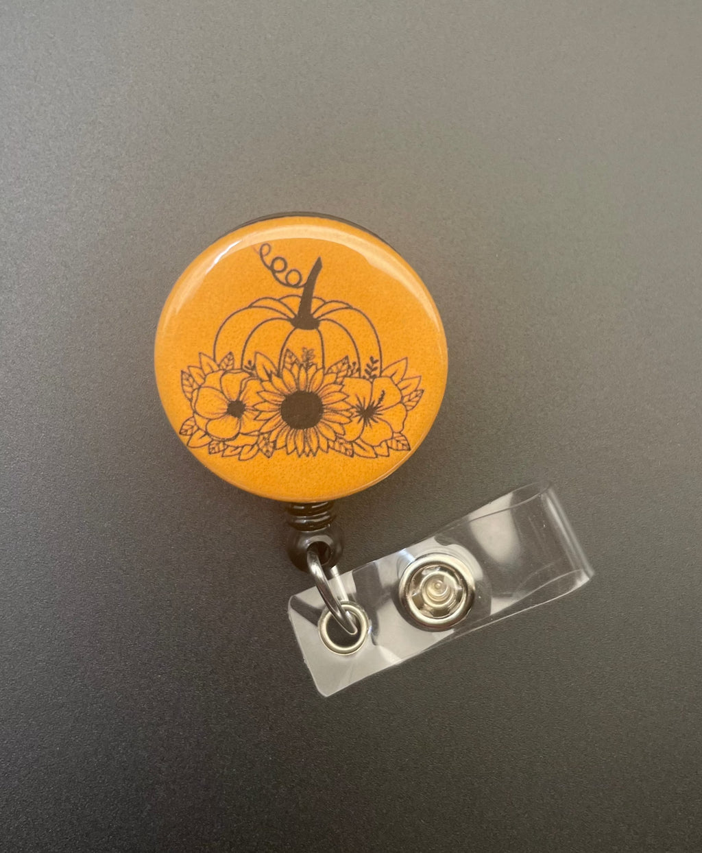 Orange Pumpkin and Florals Retractable ID Badge Holder, Floral, Pumpkin, Fall
