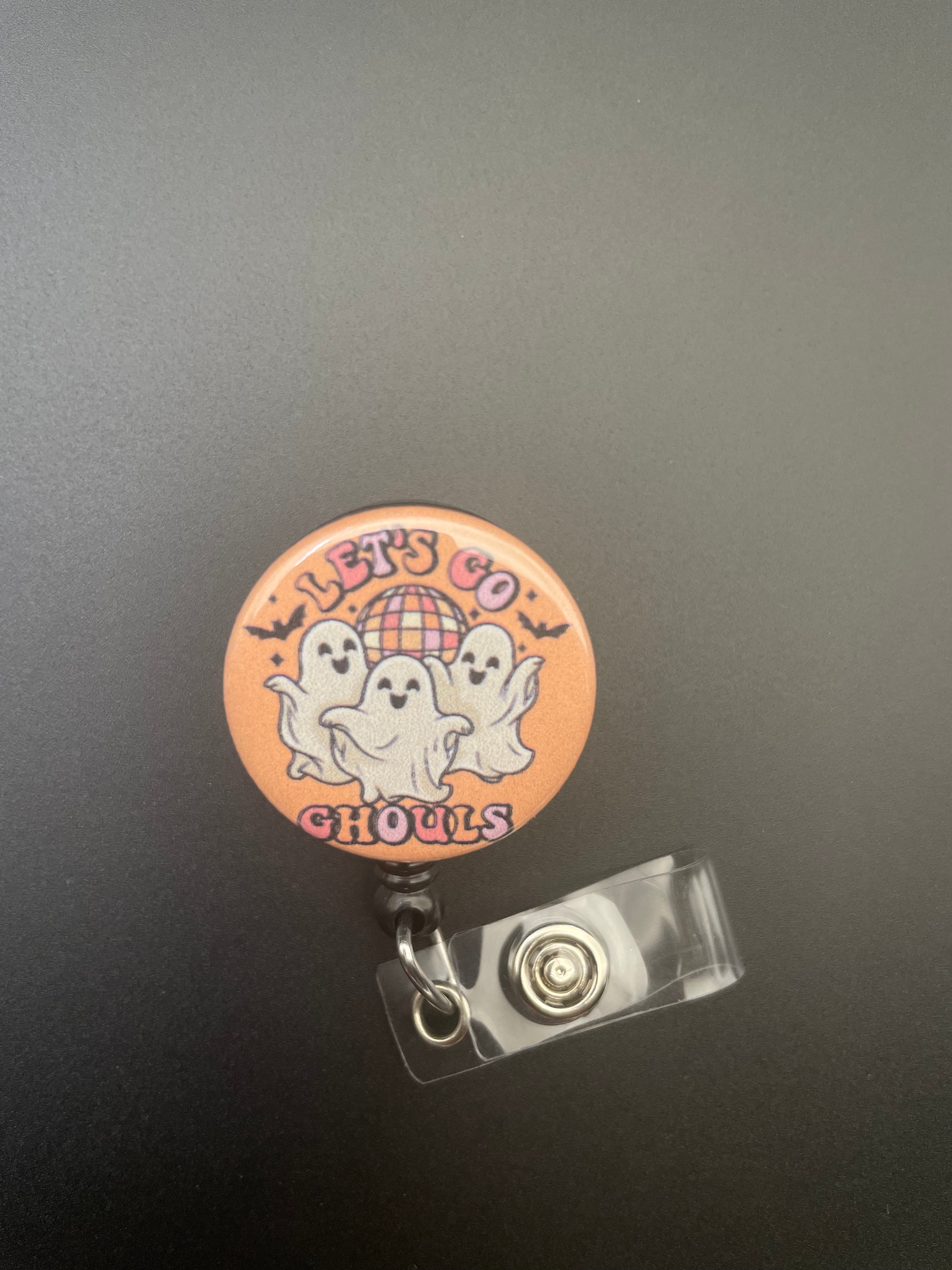 Let's Go Ghouls Retractable ID Badge Holder, Ghost, Halloween, Fall, Fun, Spooky Season, Pink