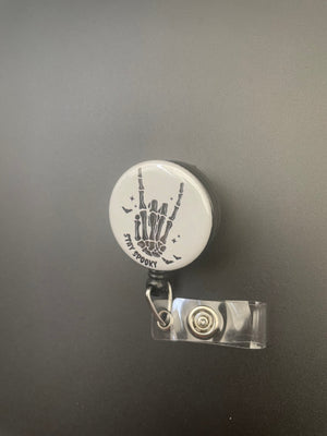 Stay Spooky Skeleton Hand Retractable ID Badge Holder, Skeleton, Halloween, Fall, Spooky Season-White