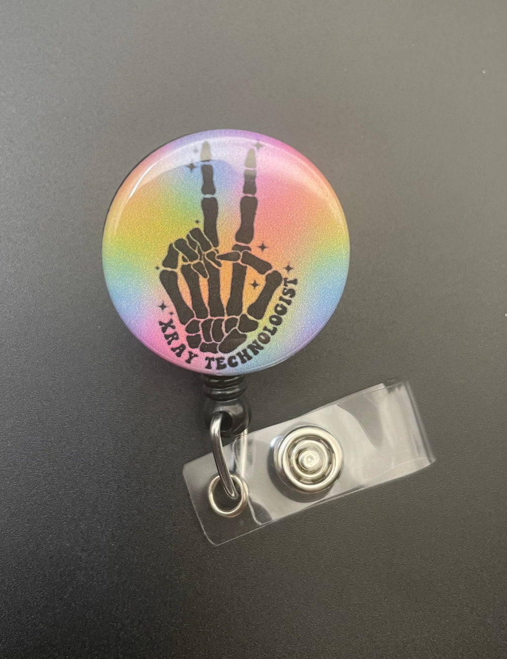 Skeleton Peace Sign X-Ray Technologist Retractable ID Badge Holder