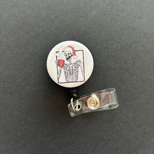 Christmas Skeleton W/ Cup of Coffee Retractable ID Badge Holder, skeleton, Santa Hat