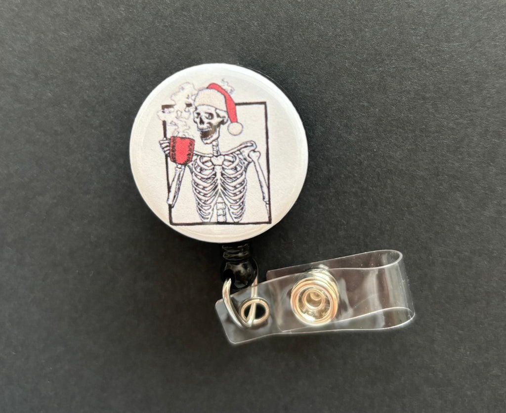 Christmas Skeleton W/ Cup of Coffee Retractable ID Badge Holder, skeleton, Santa Hat