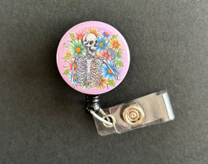 Happy Floral Skeleton Retractable ID Badge Holder, Pink