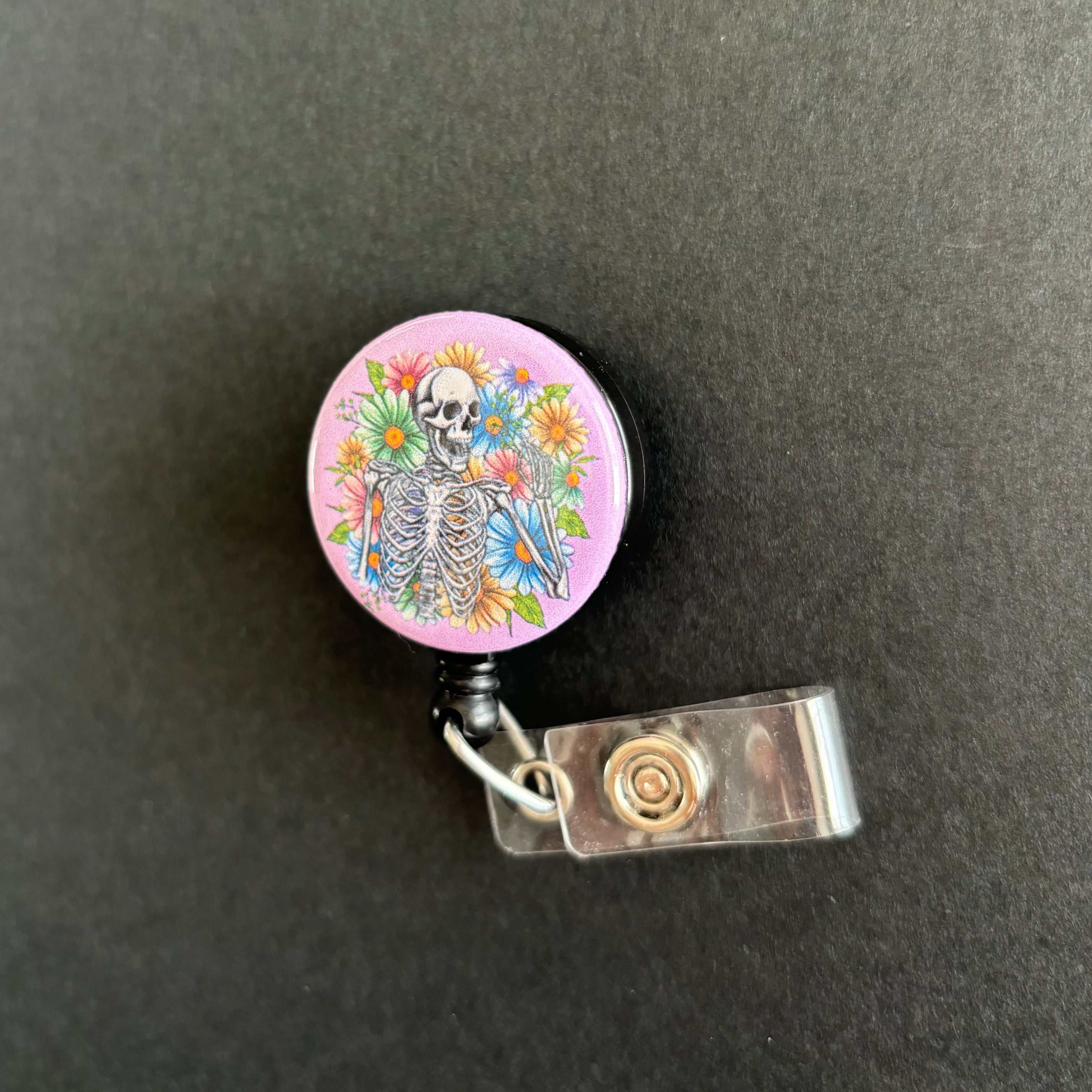 Happy Floral Skeleton Retractable ID Badge Holder, Pink