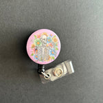 Happy Floral Skeleton Retractable ID Badge Holder, Pink