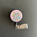 Happy Floral Skeleton Retractable ID Badge Holder, Pink