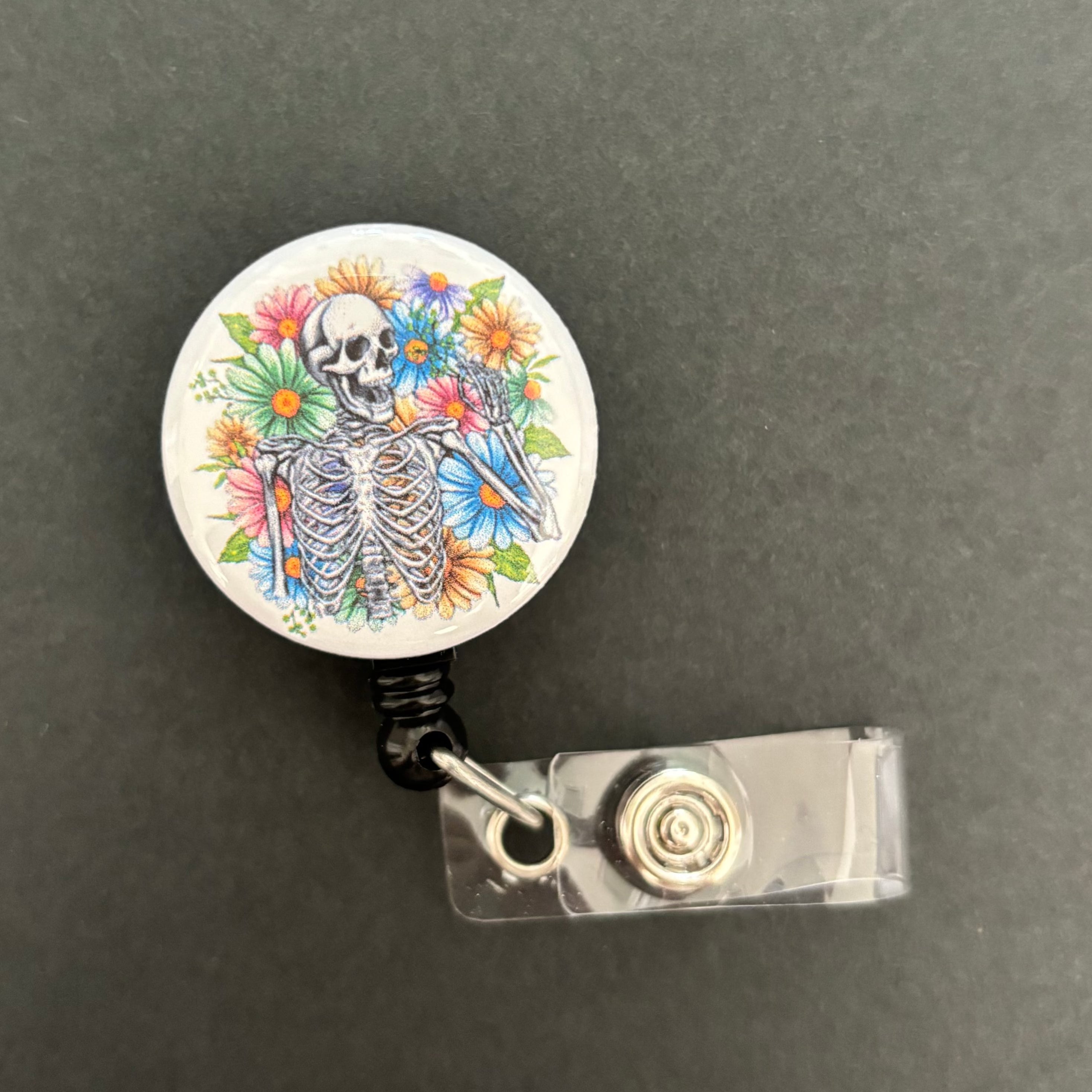 Happy Floral Skeleton Retractable ID Badge Holder, White