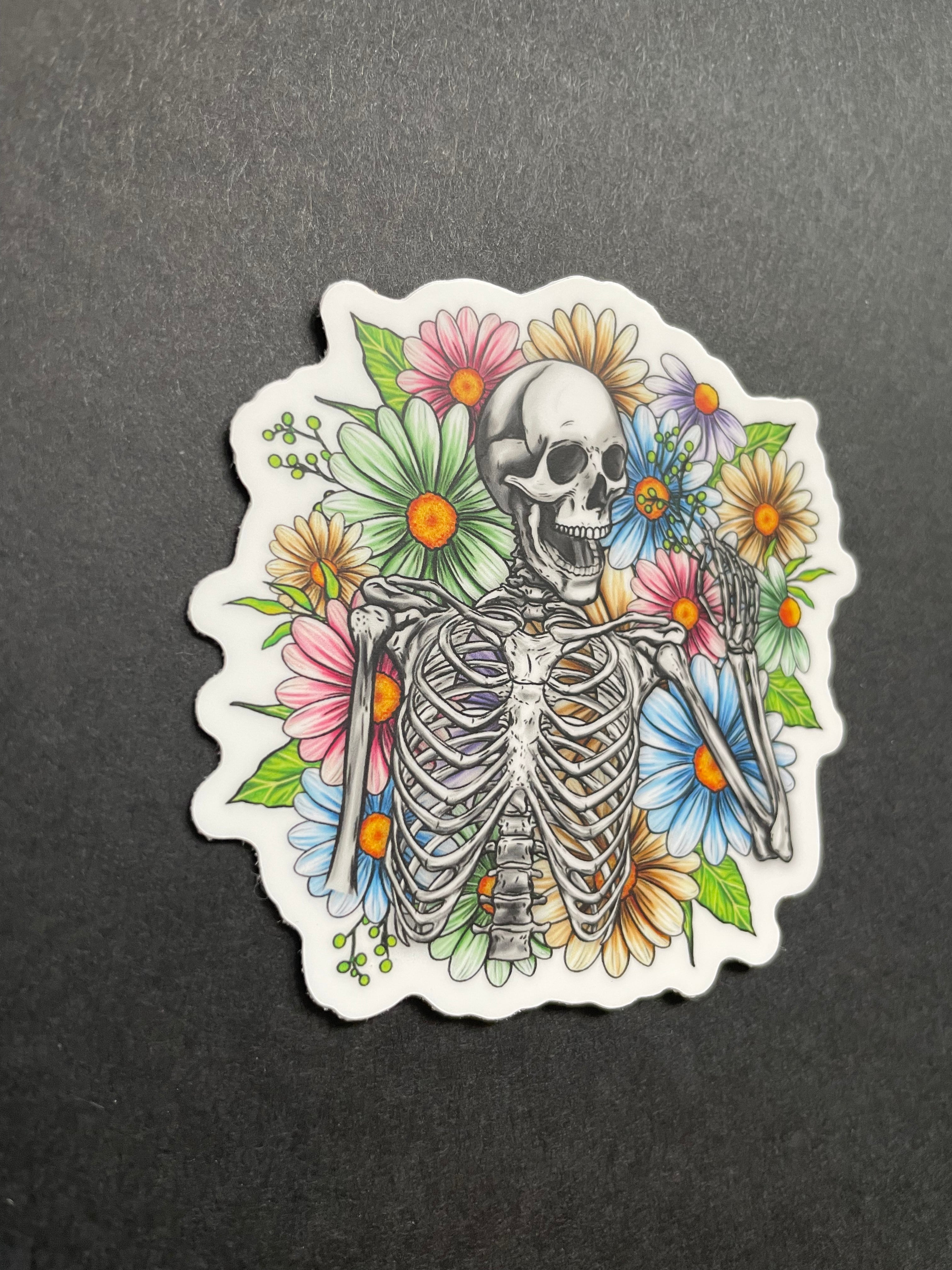 Skeleton Sticker, Flowers, Floral, Waterproof, Decal, Tumbler Sticker, Laptop, Water Bottle