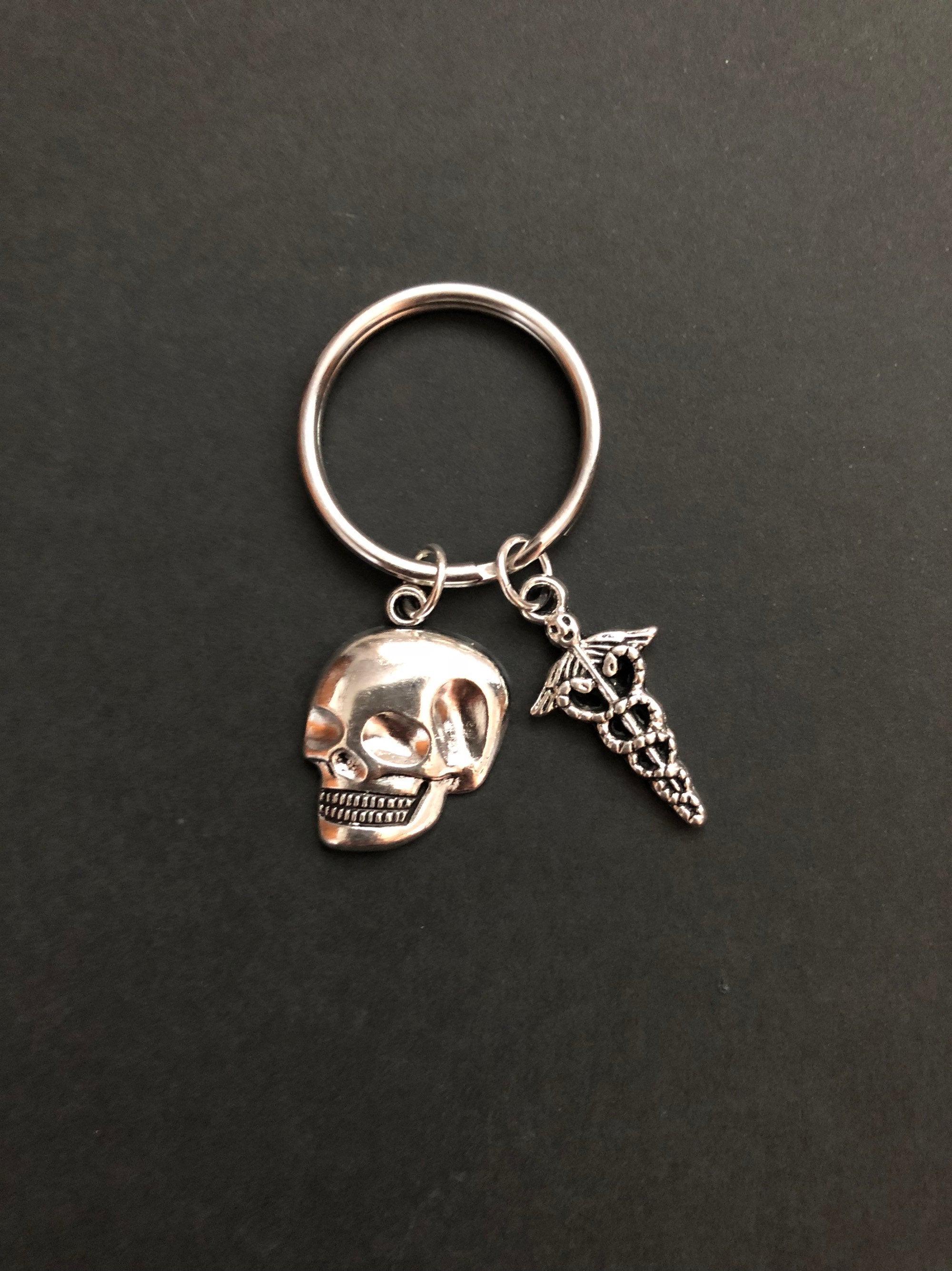 Skull Keychain, Oblique Skull and Caduceus, Rad Tech Week Gift, Medical Field, Radiology, Anatomy, Xray Tech Gift