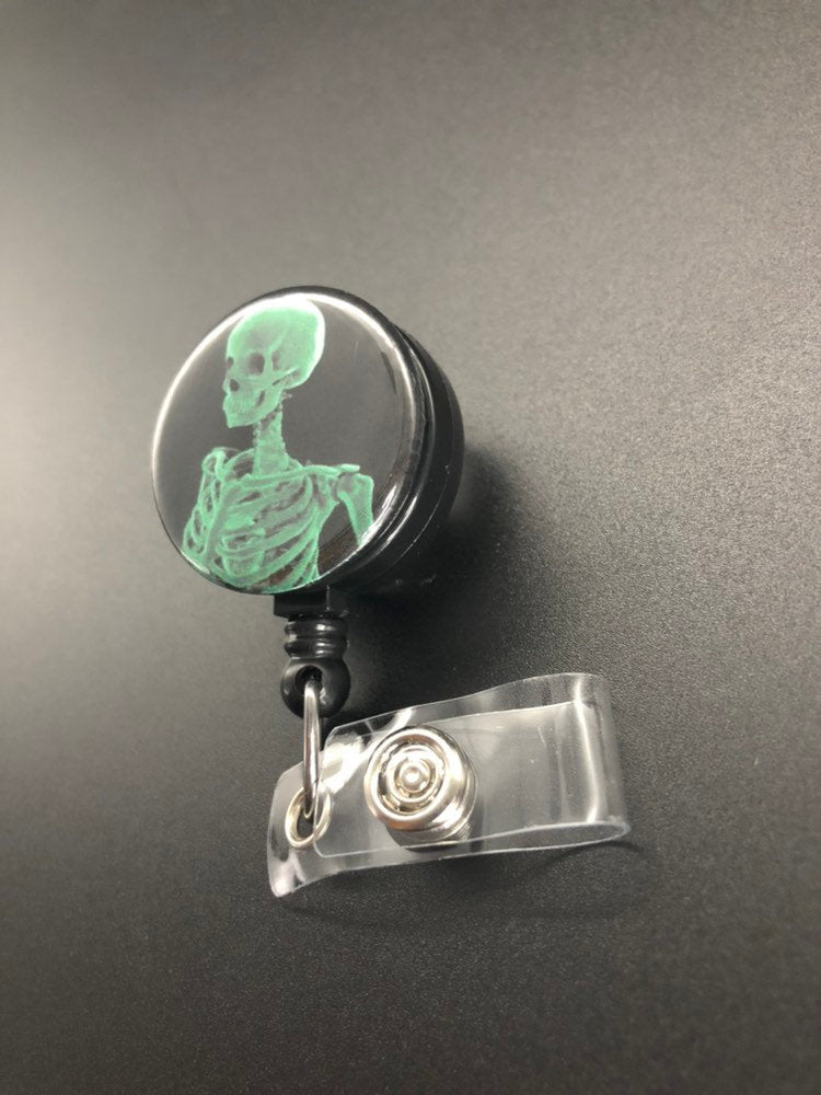 Xray ID Retractable Badge Holders, Bones, Anatomy, Radiology, Green Head and Torso X-Ray