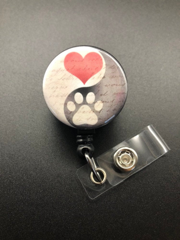 Yin and Yang Paw Print Retractable ID Badge Holder, Dog, Cat, Pet