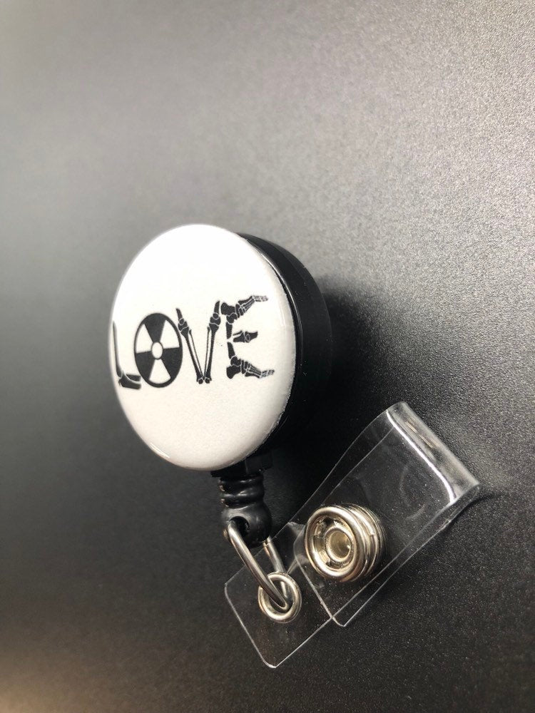 LOVE Radiology Badge Holder, Retractable ID Badge Reel, Bones, Radiation