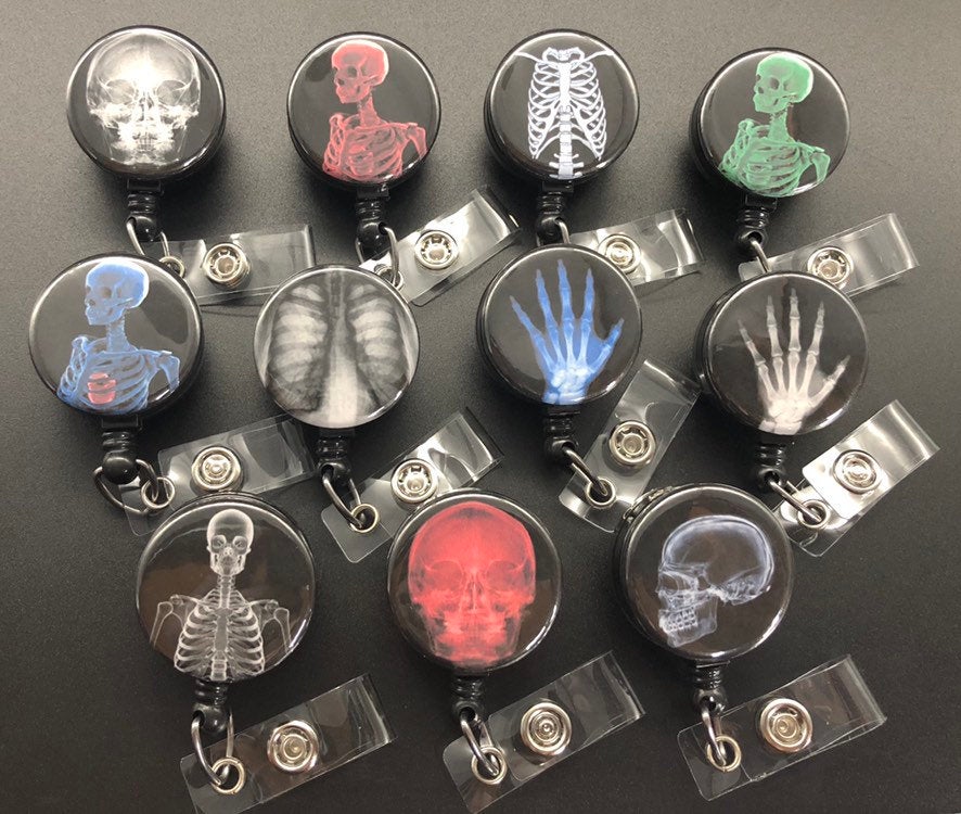 Xray ID Retractable Badge Holders, Bones, Anatomy, Radiology, Red Head and Torso X-Ray