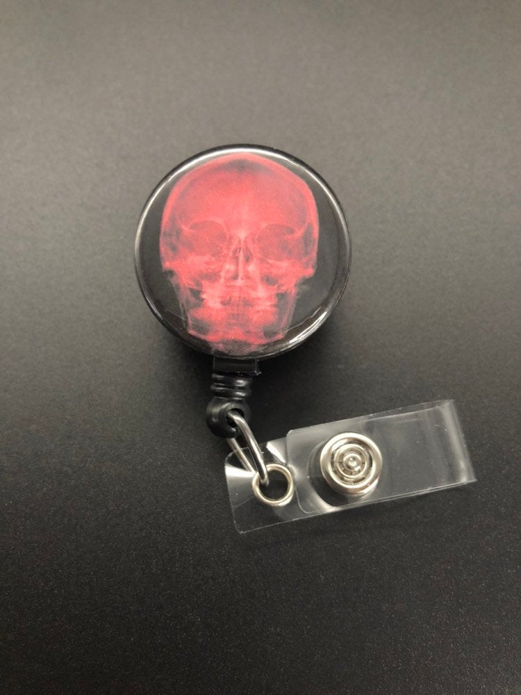 Xray ID Retractable Badge Holders, Bones, Anatomy, Radiology, Red Skull X-Ray