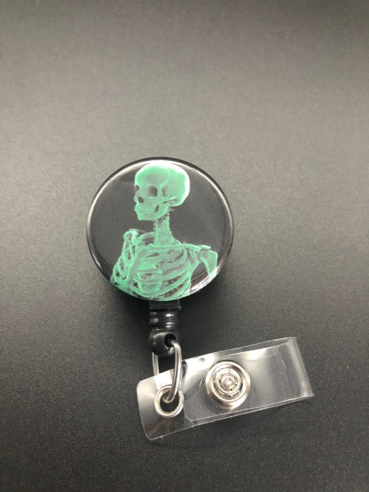 Xray ID Retractable Badge Holders, Bones, Anatomy, Radiology, Green Head and Torso X-Ray