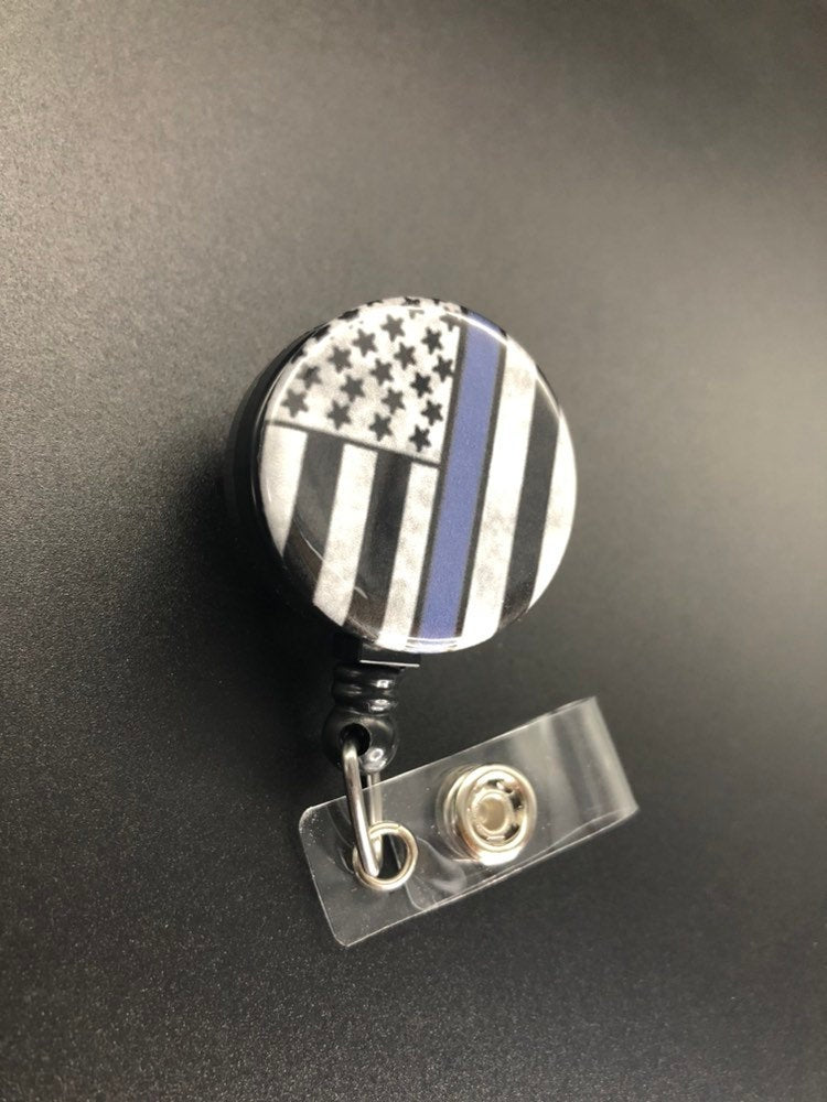 Thin Blue Line Flag Blue Lives Matter Retractable Badge Holder, Police, Firefighter, Thin Red Line