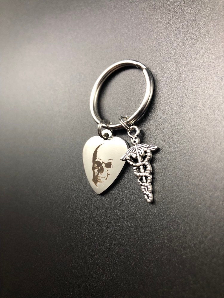 Xray Tech Gift, Xray Tech Keychain, Skull Keychain, Medical Caduceus