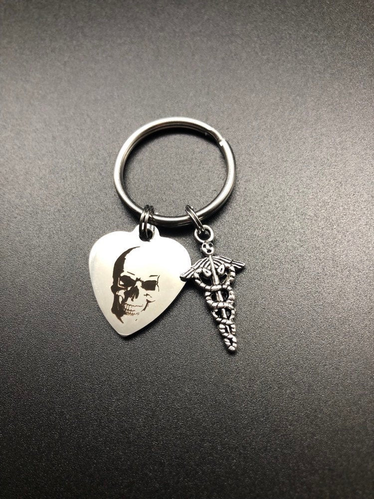 Xray Tech Gift, Xray Tech Keychain, Skull Keychain, Medical Caduceus