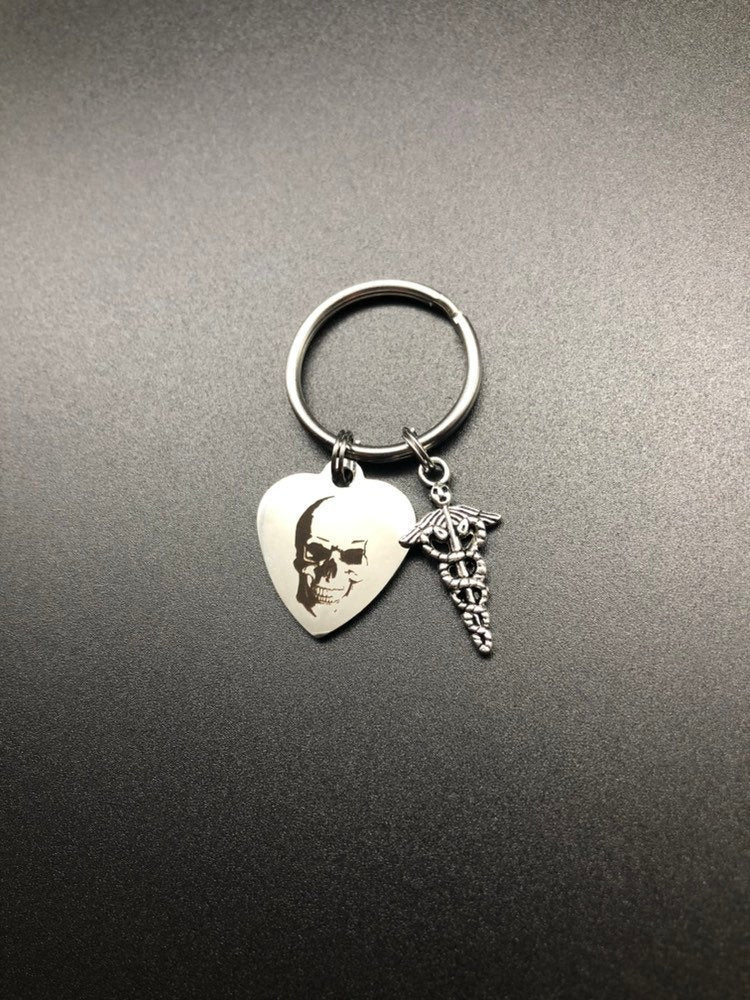 Xray Tech Gift, Xray Tech Keychain, Skull Keychain, Medical Caduceus