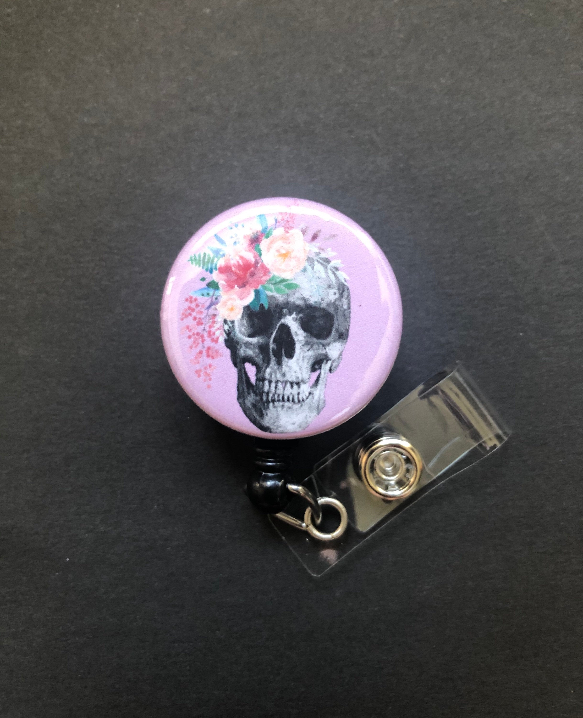 Flowered Skull Badge Holder, Badge Reel, Flower Crown – Alisha