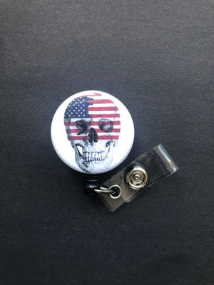 American Flag and Skull Badge Reel, Retractable ID Badge Holder