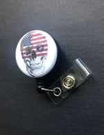 American Flag and Skull Badge Reel, Retractable ID Badge Holder