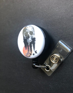 Skull In Woods Badge Reel, Retractable ID Badge Holder, Moon, Trees