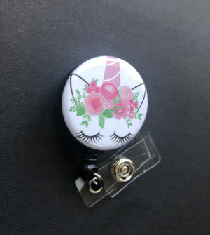 Unicorn with Flowers Retractable Badge Holder, Reel ID Badge