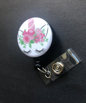 Unicorn with Flowers Retractable Badge Holder, Reel ID Badge