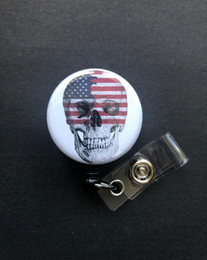 American Flag and Skull Badge Reel, Retractable ID Badge Holder